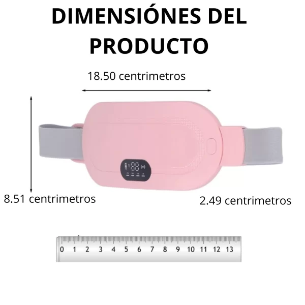 Almohadilla para dolor menstrual que brinda temperatura y masajea, color rosa. Mostrando las dimensiones del mismo en centímetros - SUPAL360